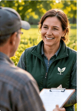 An advisor in a green vest holding a clipboard, smiling as she talks with a grower at the edge of a field.