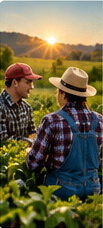 Two growers in straw hats standing together in a field of young crops, talking, with the sun low behind them.