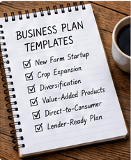 A spiral notebook headed "Business Plan Templates", with a checklist of plan types written below it and a mug of coffee beside it.
