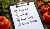 A clipboard holding a hand-written checklist, resting among ripe tomatoes and fresh herbs.